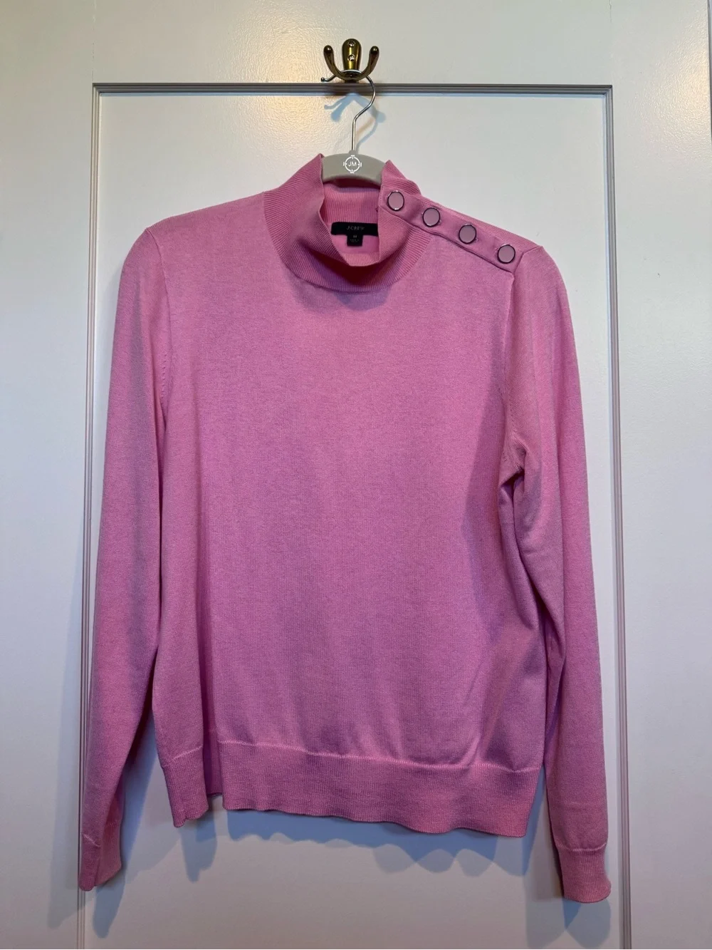 J Crew Pink Button-Shoulder Turtleneck Sweater